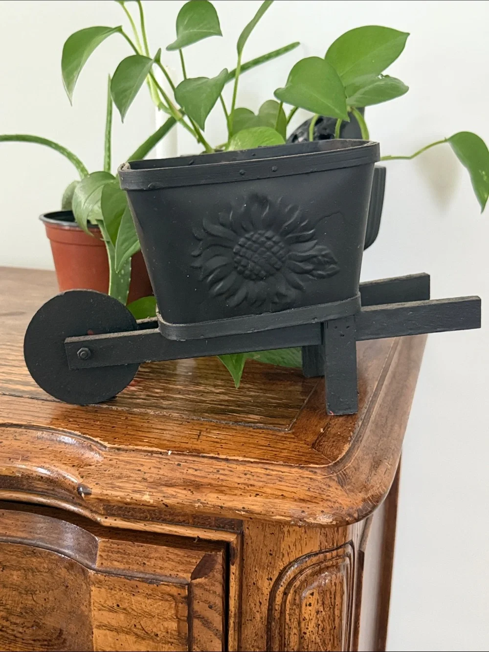 Black Wheelbarrow Planter with Sunflower Motif